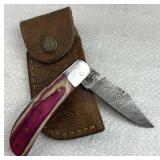 Damascus Steel Folding Blade Knife w/ Sheath