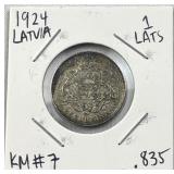 1924 Latvia Silver 1 Lats Coin .835 Pure