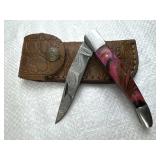 Damascus Steel Folding Blade Knife w/ Sheath
