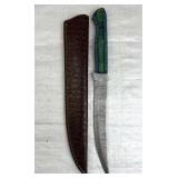 Damascus Steel Long Fillet Blade Knife w/ Sheath