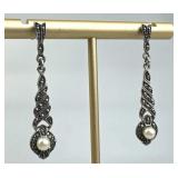 925 Silver Marcasite Faux Pearl Dangle Earrings