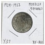 1929-34 Silver Morocco 5 Francs Coin .680