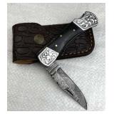 Damascus Steel Folding Blade Knife w/ Sheath