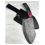 Lg Damascus Steel Fixed Blade Knife w/ Sheath