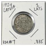 1924 Latvia Silver 1 Lats Coin .835 Pure