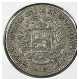 1935 Silver Venezuela Large 5 Bolivares 90%