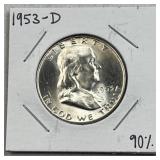 1953-D Franklin Silver Half Dollar, BU 90% Coin