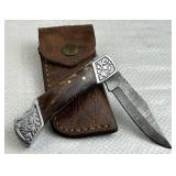 Damascus Steel Folding Blade Knife w/ Sheath