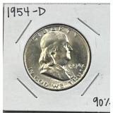 1954-D Franklin Silver Half Dollar, BU 90% Coin