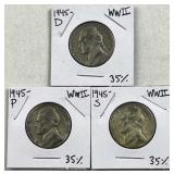 1945-P,D,S Silver War Nickels, US 35% WWII Era