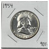 1954 Franklin Silver Half Dollar, BU 90% Coin
