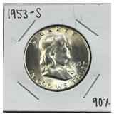 1953-S Franklin Silver Half Dollar, BU 90% Coin