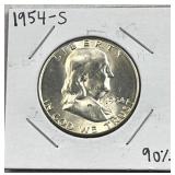1954-S Franklin Silver Half Dollar, BU 90% Coin