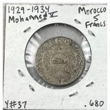 1929-34 Silver Morocco 5 Francs Coin .680