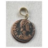 Ancient Roman Bronze Coin w/ 18K Gold Bale