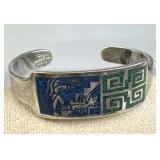 925 Silver Vtg Taxco Turquoise Inlay Cuff Bracelet