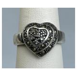 925 Silver Double Heart Marcasite Ring