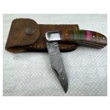 Damascus Steel Folding Blade Knife w/ Sheath