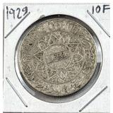 1929-33 Morocco Silver 10 Francs Coin, XF/AU