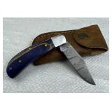 Damascus Steel Folding Blade Knife w/ Sheath