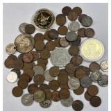 Vintage US & World Coins in Bottle, w/ Silver 5c's