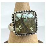 925 Silver Beaded Square Turquoise Matrix Ring