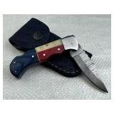 Damascus Steel Folding Blade Knife w/ Sheath