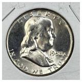 1958 Franklin Silver Half Dollar, Gem BU, 90%