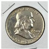 1958-D Franklin Silver Half Dollar, AU, 90%