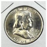 1957-D Franklin Silver Half Dollar, Gem BU, 90%