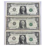 (3) US $1 Fed. Reserve Notes, 'Lucky 7' Serials