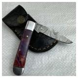 Damascus Steel Folding Blade Knife w/ Sheath
