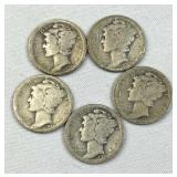 (5) 1920's Mercury Silver Dimes, Early 90% Coins