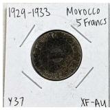 1929-33 Morocco Silver 5 Francs Coin