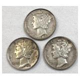 1941 P-D-S Mercury Dimes, 10c Coins, 90%