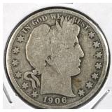 1906 Barber Half Dollar, 50c Coin, 90%