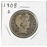 1908-D Barber Half Dollar, 50c Coin, 90%
