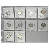 10 Silver BU Roosevelt Dimes, 10c Coins, 90%