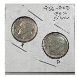 (2) 1956-P,D Roosevelt Dimes, 90% Silver