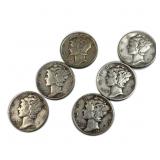 (6) 1942-44 Mercury Silver Dimes, US 90%
