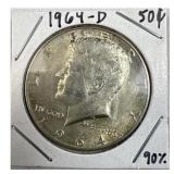 1964-D Kennedy Half Dollar, 90% Silver