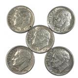 (5) 1964-D Roosevelt Dimes, 90% Silver
