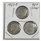 (3) 1963-D Roosevelt Dimes, 90% Silver
