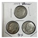 (3) 1952-D Roosevelt Dimes, 90% Silver