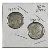 (2) 1960-D, 1961-D Roosevelt Dimes, 90% Silver