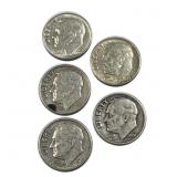 (5) 1951-64 Roosevelt Dimes, 90% Silver