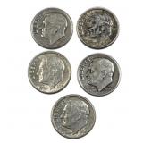 (5) 1952-64 Roosevelt Dimes, 90% Silver