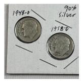 (2) 1948-D, 1958-D Roosevelt Dimes, 90% Silver