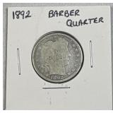 1892 Silver Barber Quarter Dollar 25c US Coin