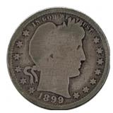 1899 Silver Barber Quarter Dollar 25c US Coin 90%